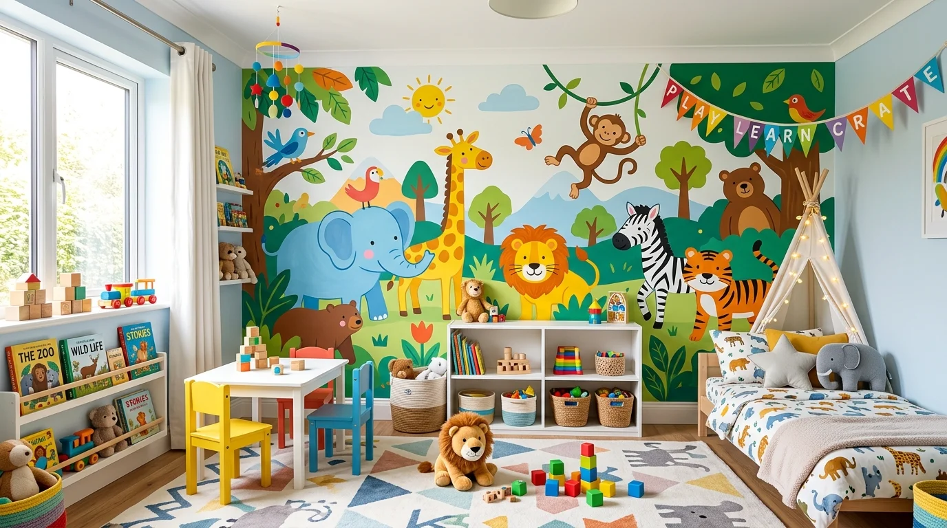 A child's room with a playful mural featuring animals and bright colors cheerful bright lighting fun creative space no people