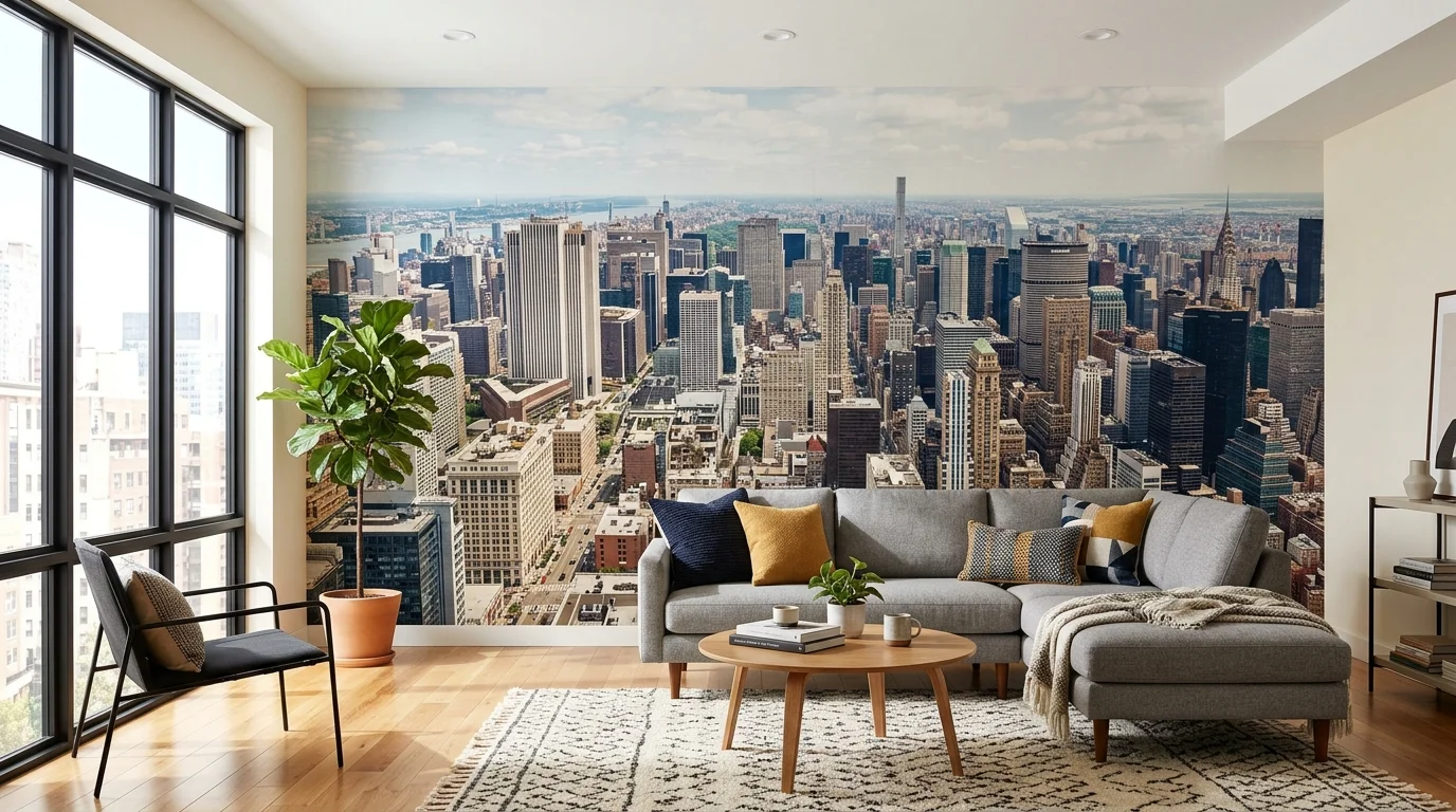 A living room with a cityscape mural creating depth and perspective bright natural daylight urban modern aesthetic no people
