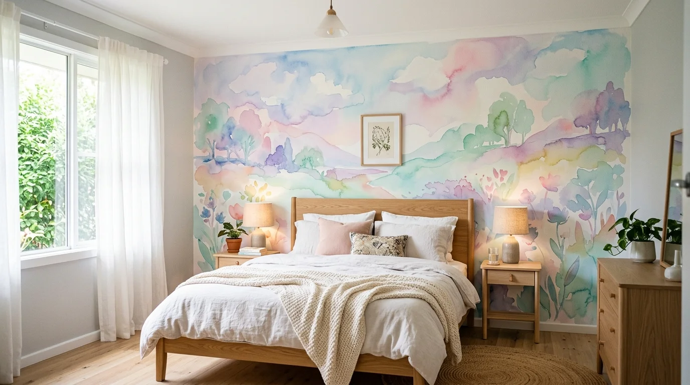 A bedroom with a soft watercolor mural blending pastel tones bright lighting dreamy artistic ambiance no people