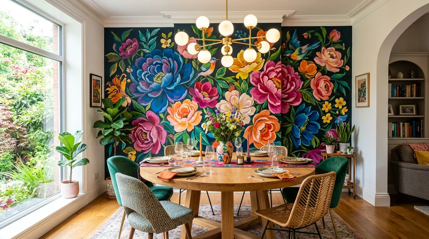 A dining room with a floral mural in bold colors creating a vibrant backdrop bright natural light lively statement decor no people