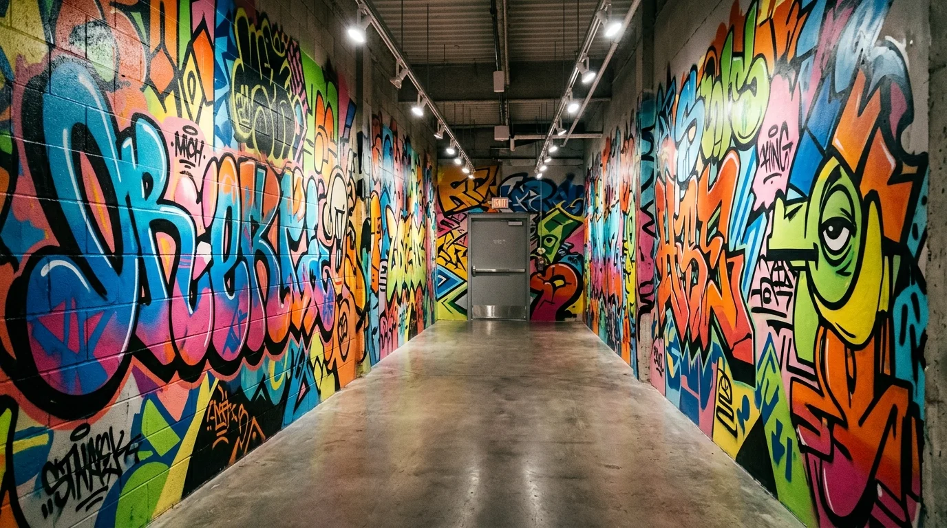 A hallway with a graffiti style mural featuring bold patterns and colors bright lighting edgy artistic vibe no people