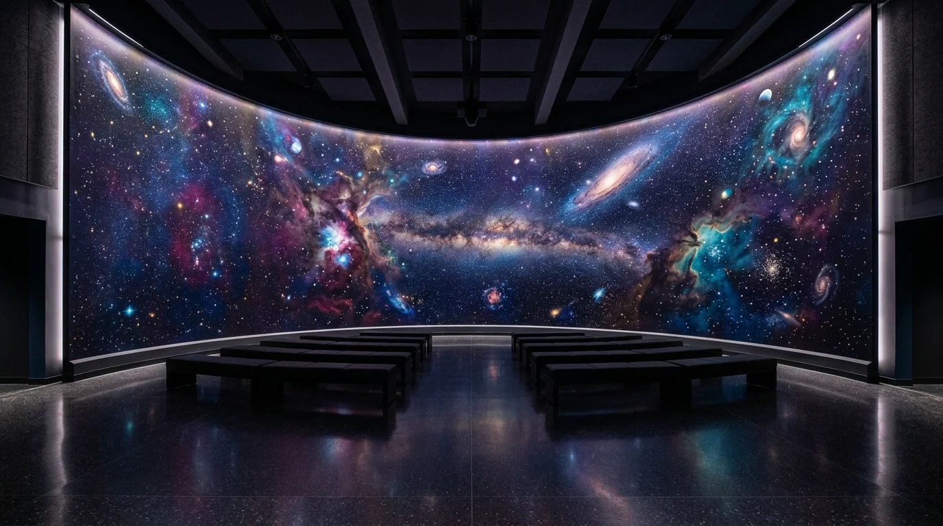 A space with a cosmic mural featuring stars and galaxies in deep colors soft lighting dramatic immersive effect no people
