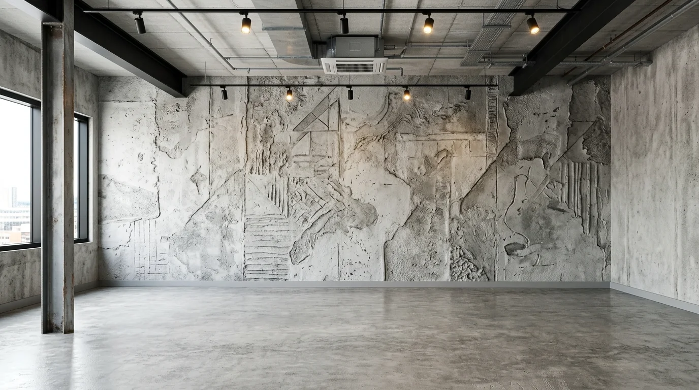 A room with a textured mural resembling concrete or plaster bright lighting industrial modern look no people