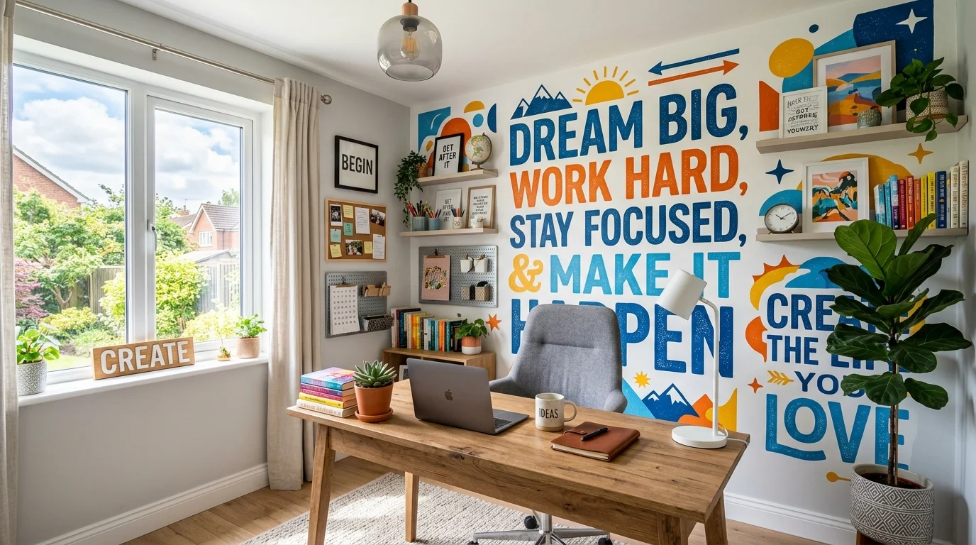 A home office with an inspirational quote mural in bold typography bright lighting motivational creative space no people