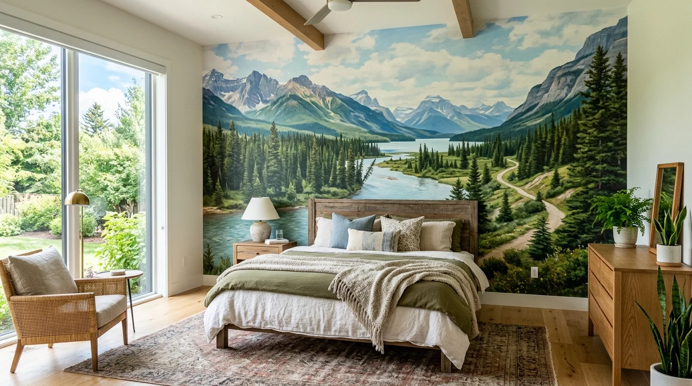 A bedroom with a large landscape mural creating a serene yet impactful backdrop bright natural daylight immersive design no people