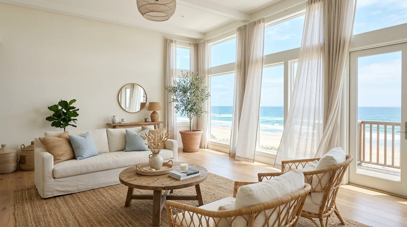 A bright room with large windows and light curtains flowing gently paired with neutral decor bright natural daylight airy coastal vibe no people