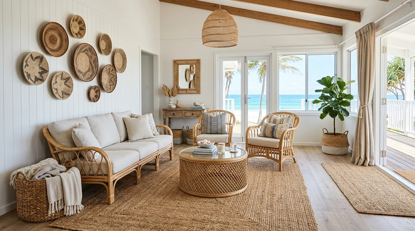 A space styled with woven baskets jute rugs and rattan furniture bright lighting relaxed beach inspired design no people