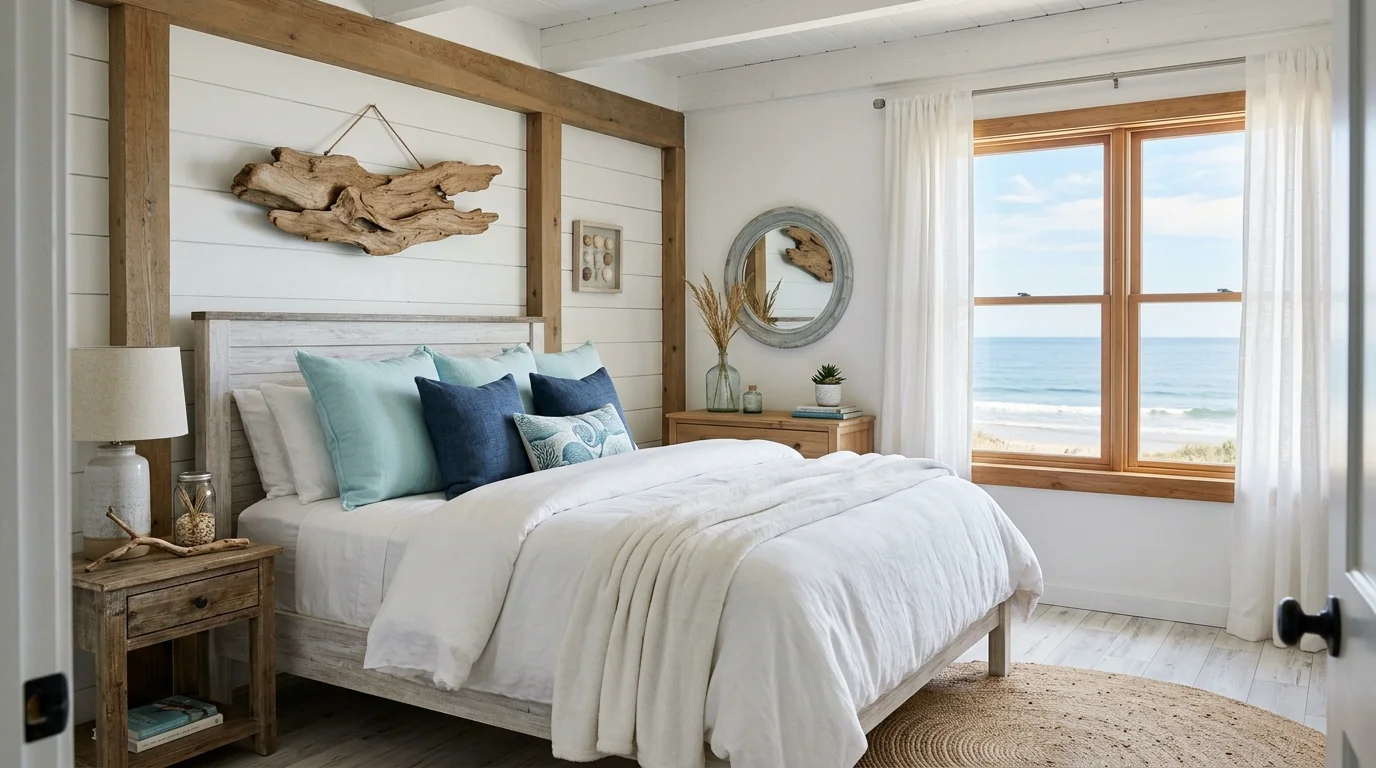 A coastal bedroom with white bedding soft blue pillows and driftwood decor bright natural light calm seaside retreat no people