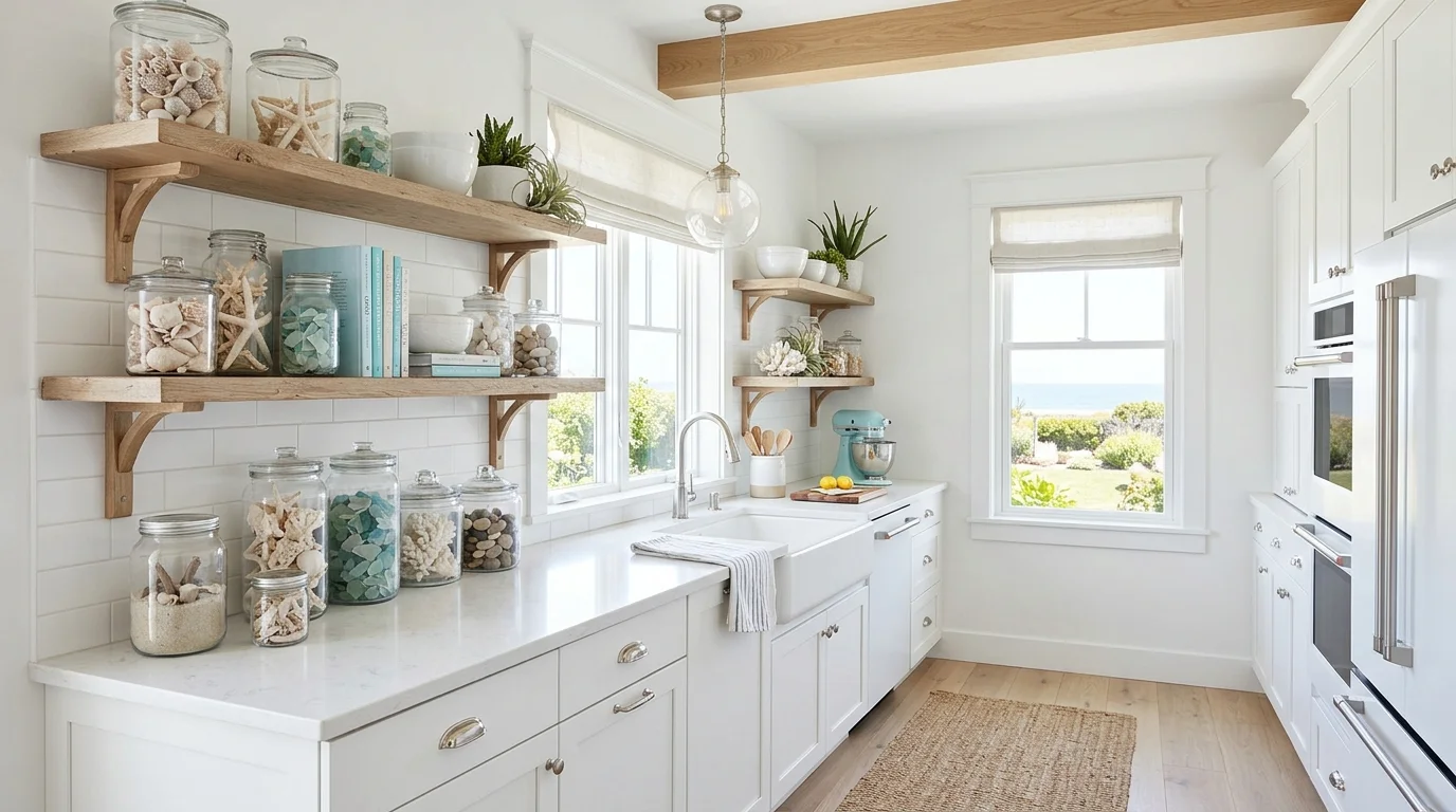 A kitchen with white cabinets open shelving and glass jars filled with beach inspired decor bright natural lighting fresh coastal feel no people