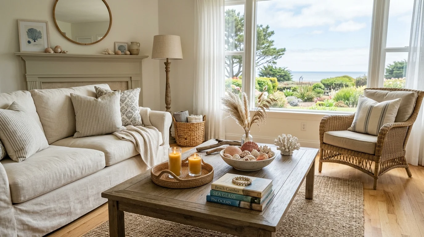 A living room with a coffee table styled with seashells candles and light decor bright natural daylight simple beachy charm no people