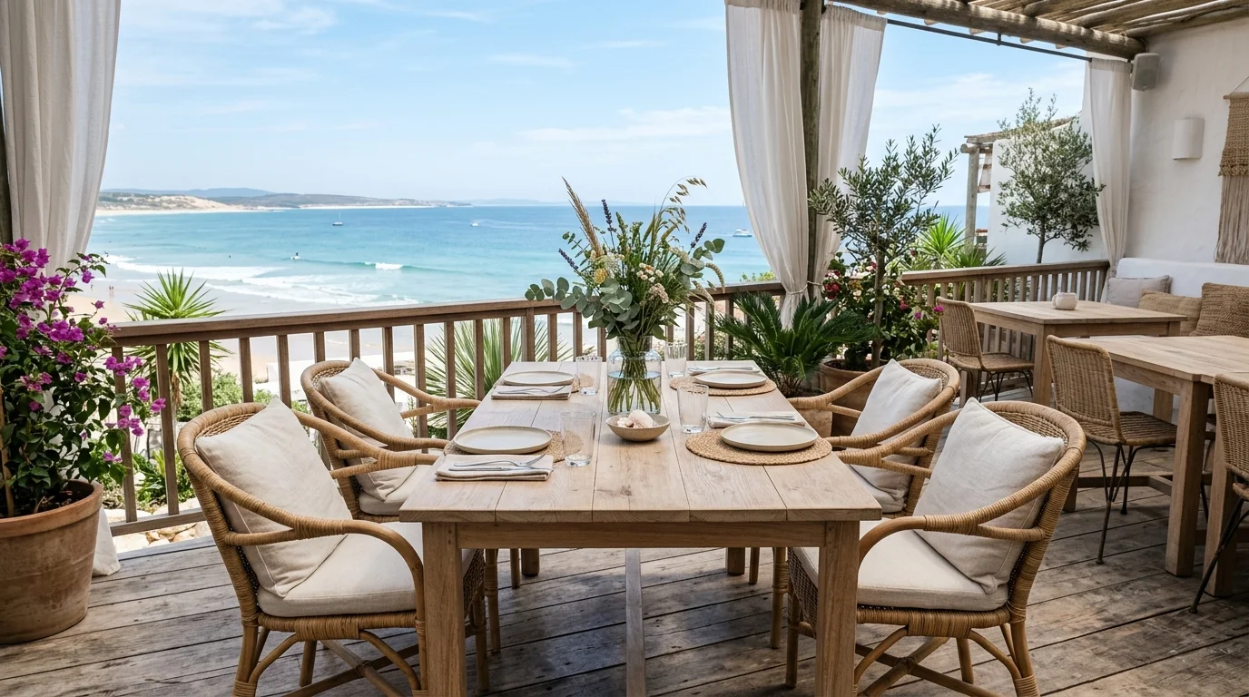 A coastal dining area with a light wood table woven chairs and a simple centerpiece bright natural light breezy relaxed atmosphere no people