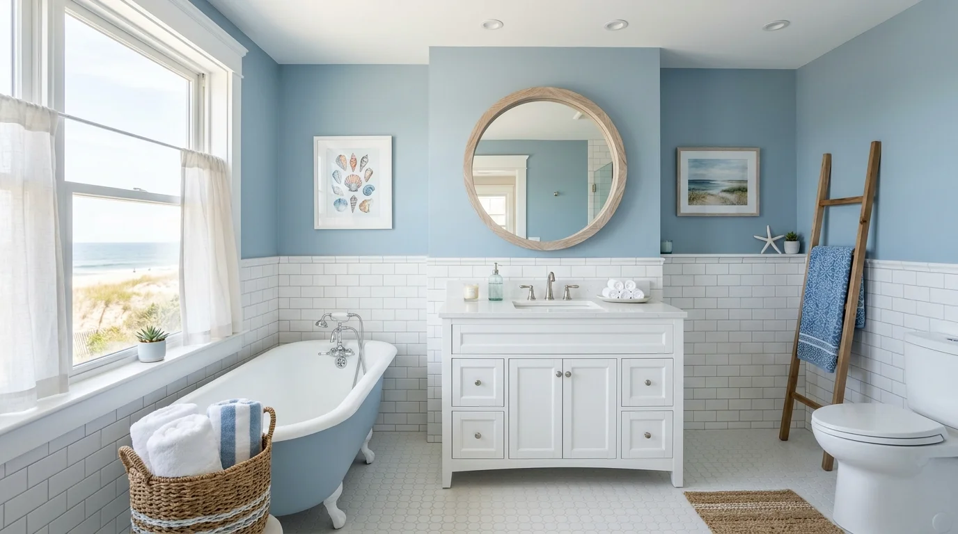 A bathroom with soft blue tones white tiles and coastal accents bright lighting refreshing ocean inspired design no people