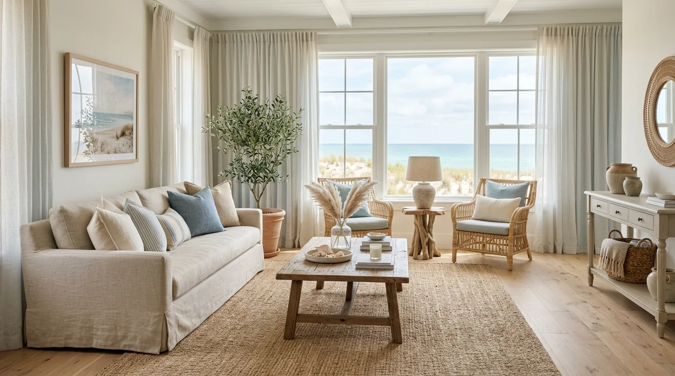 A room with a neutral palette accented by soft blues sandy tones and natural textures bright natural light harmonious coastal style no people