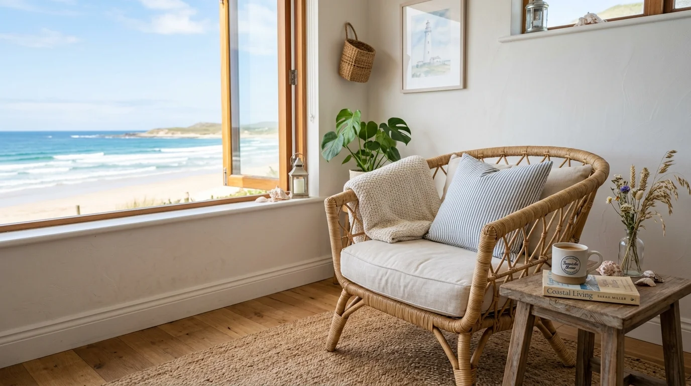 A cozy nook with a wicker chair soft cushions and a small side table bright natural daylight relaxing beach vibe no people