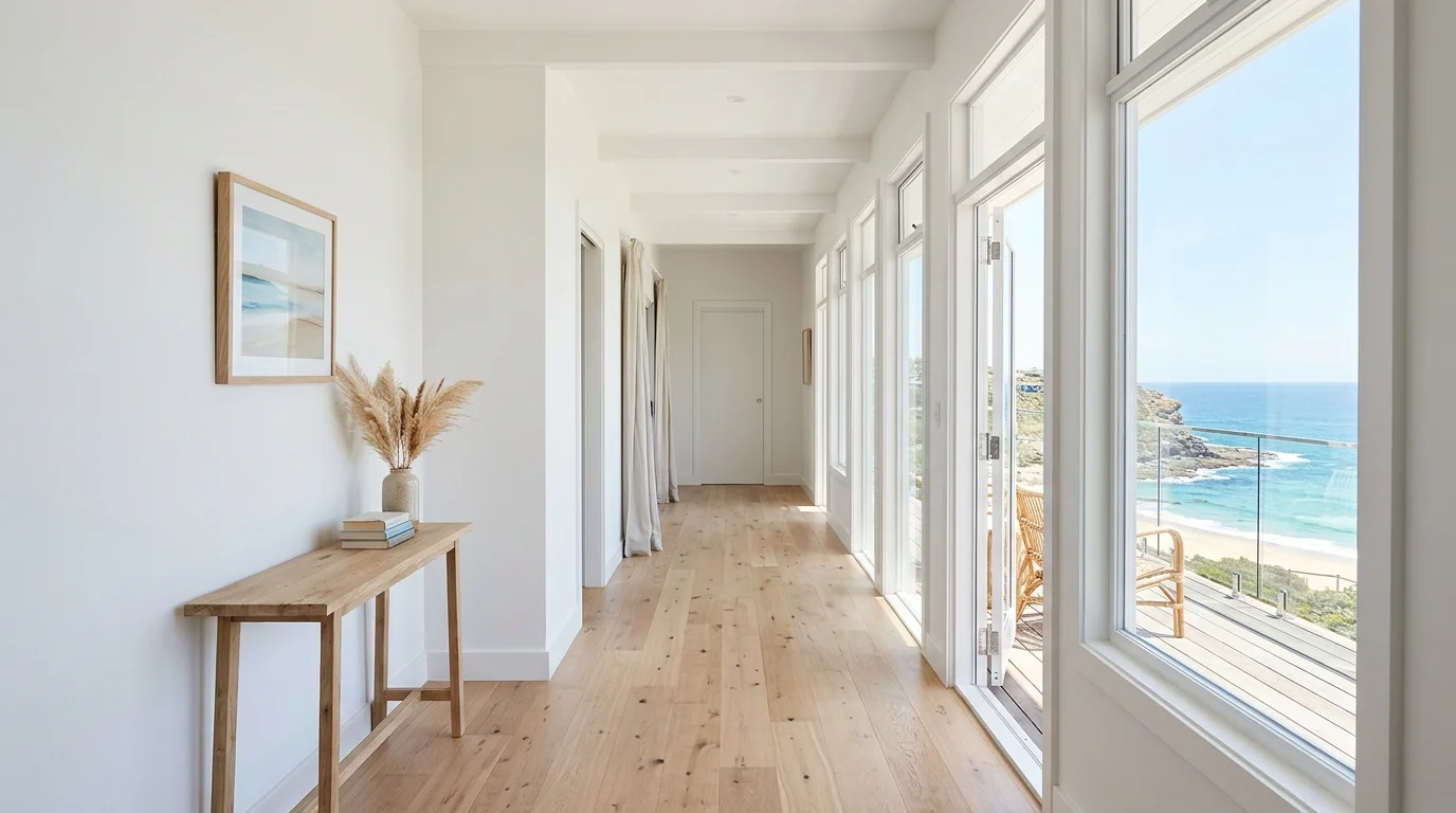 A coastal hallway with light wood flooring white walls and minimal decor bright natural light clean airy feel no people