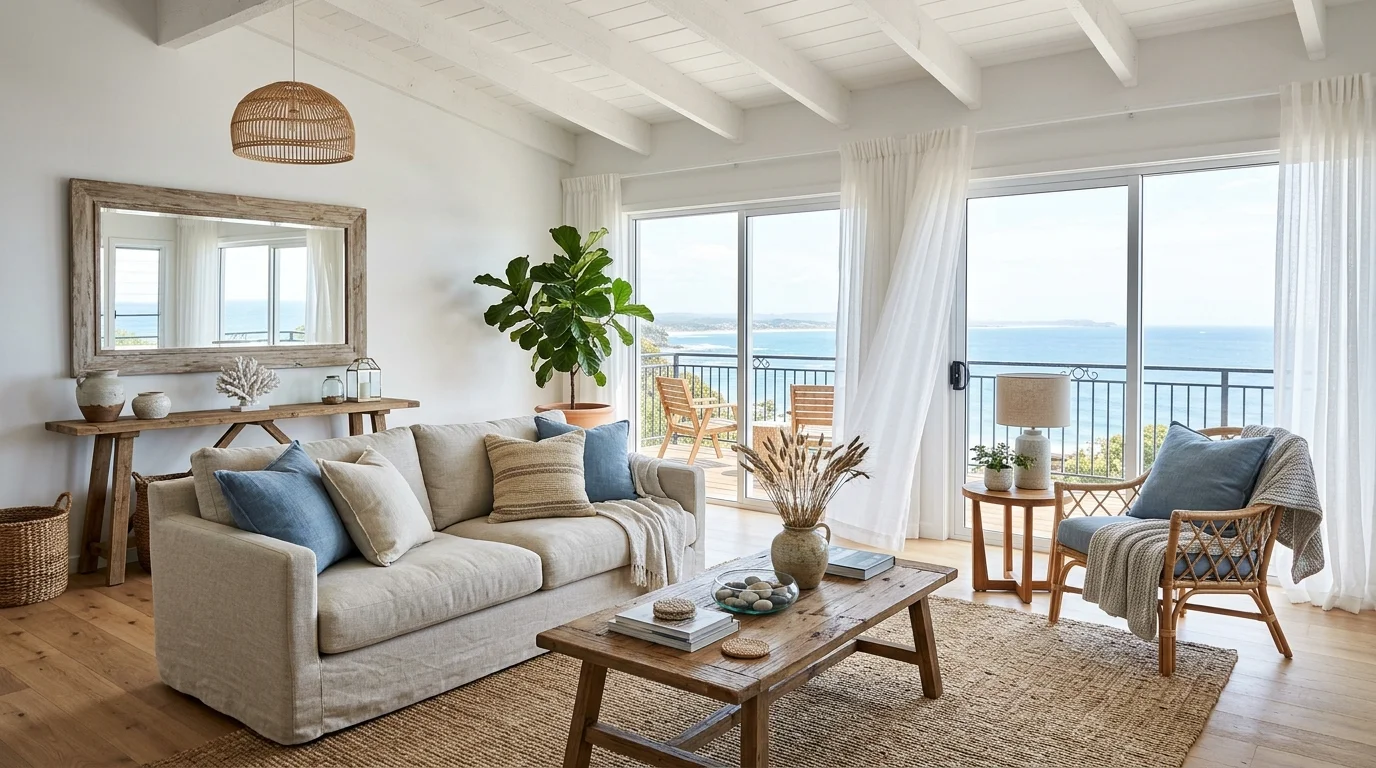A living space with a mix of textures including wood glass and linen bright lighting balanced breezy coastal design no people