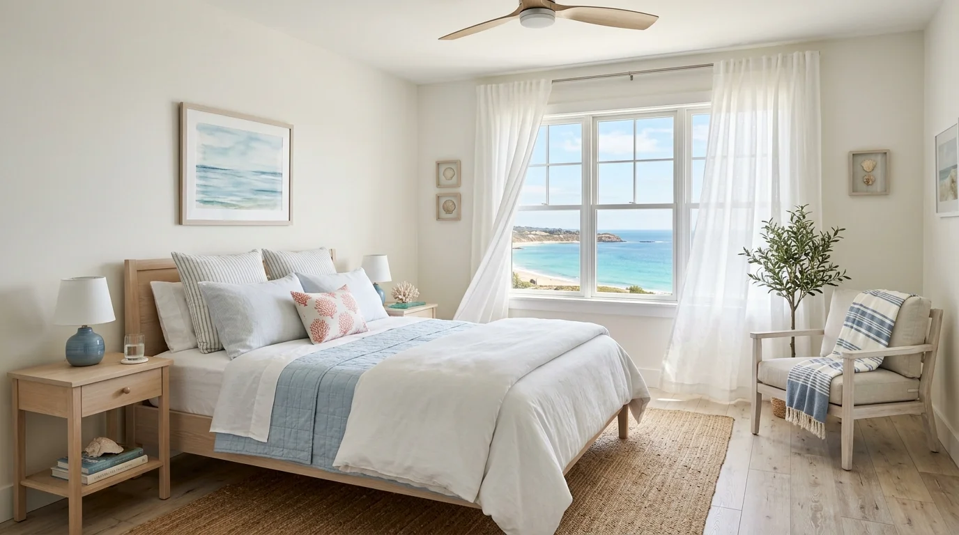 A bedroom with sheer curtains light bedding and subtle ocean inspired decor bright natural daylight peaceful seaside ambiance no people