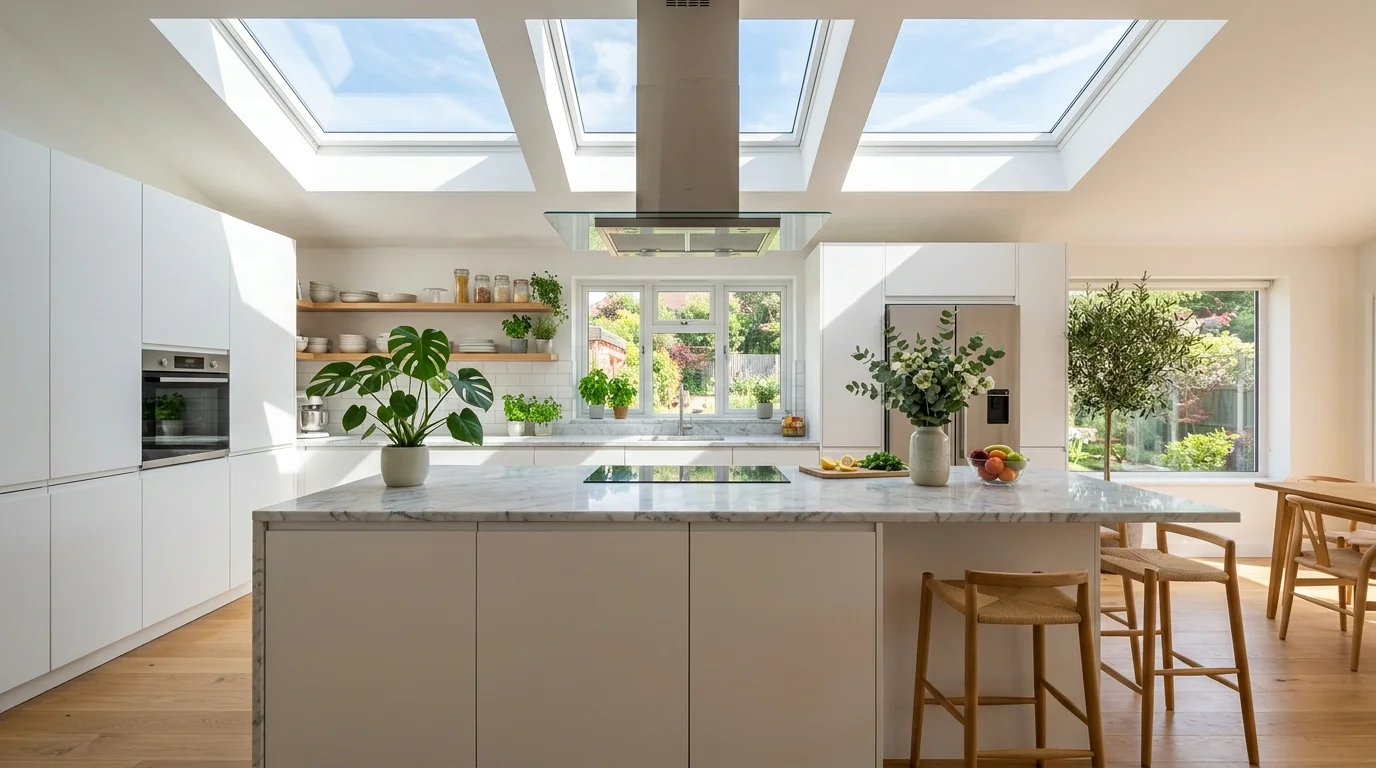 A kitchen design with overhead skylights illuminating a marble island countertop, sleek cabinetry, fresh greenery accents, bright clean aesthetic, sunlight casting soft shadows, eye-level composition, no people
