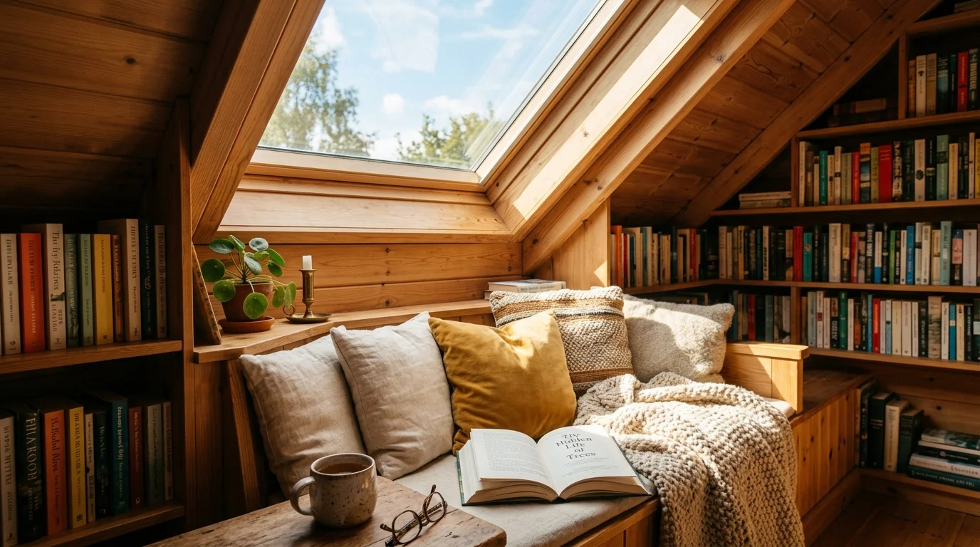 A cozy reading nook beneath a skylight window, built-in bench seating, soft cushions, warm natural wood tones, bookshelves nearby, sunbeams creating a calm atmosphere, close-up angled shot, no people