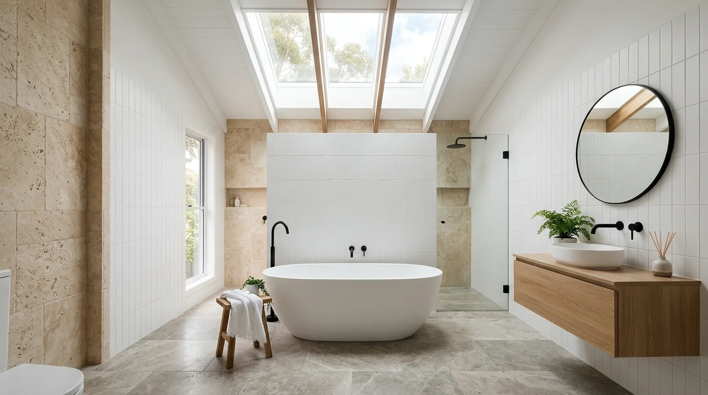 A minimalist bathroom with a skylight above a freestanding tub, white tiles, natural stone accents, diffused daylight creating spa-like serenity, elegant modern design, wide shot, no people