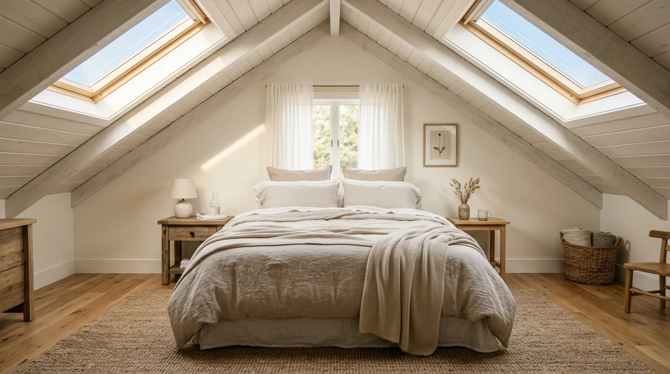 A bedroom with sloped ceiling skylights, soft linen bedding, neutral tones, warm morning light pouring in, peaceful and airy ambiance, straight-on composition, no people