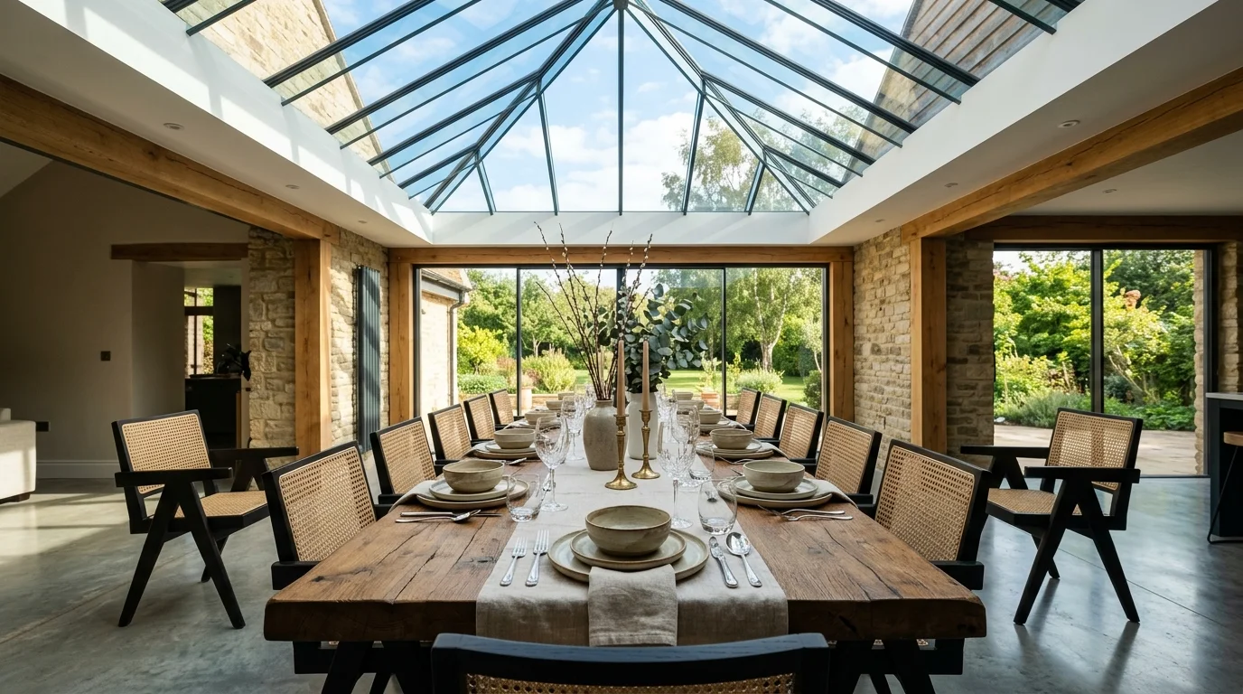 A dining room with long table positioned under a glass skylight roof, natural light enhancing wood textures and ceramic tableware, modern elegant styling, symmetrical wide-angle shot, no people