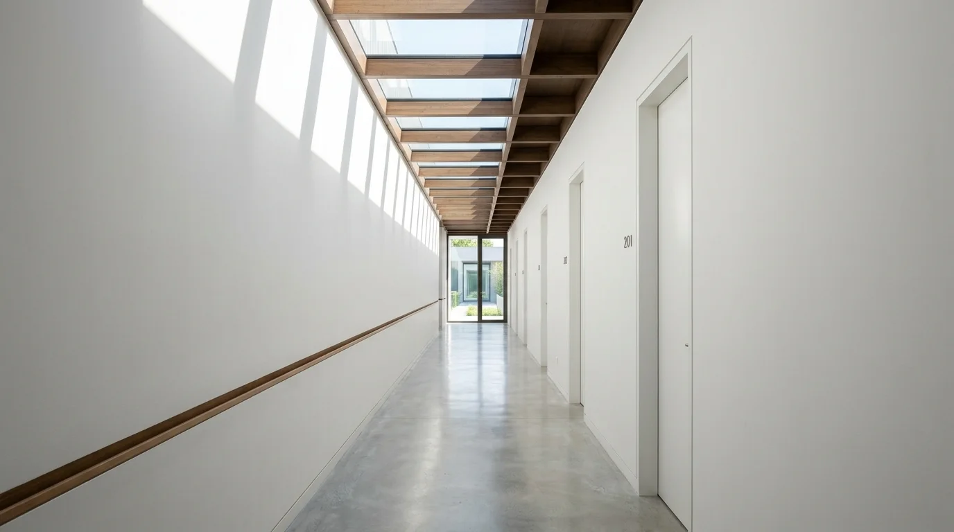 A hallway with a series of narrow skylights running along the ceiling, bright light guiding the space, minimalist decor, clean architectural lines, front-facing perspective, no people