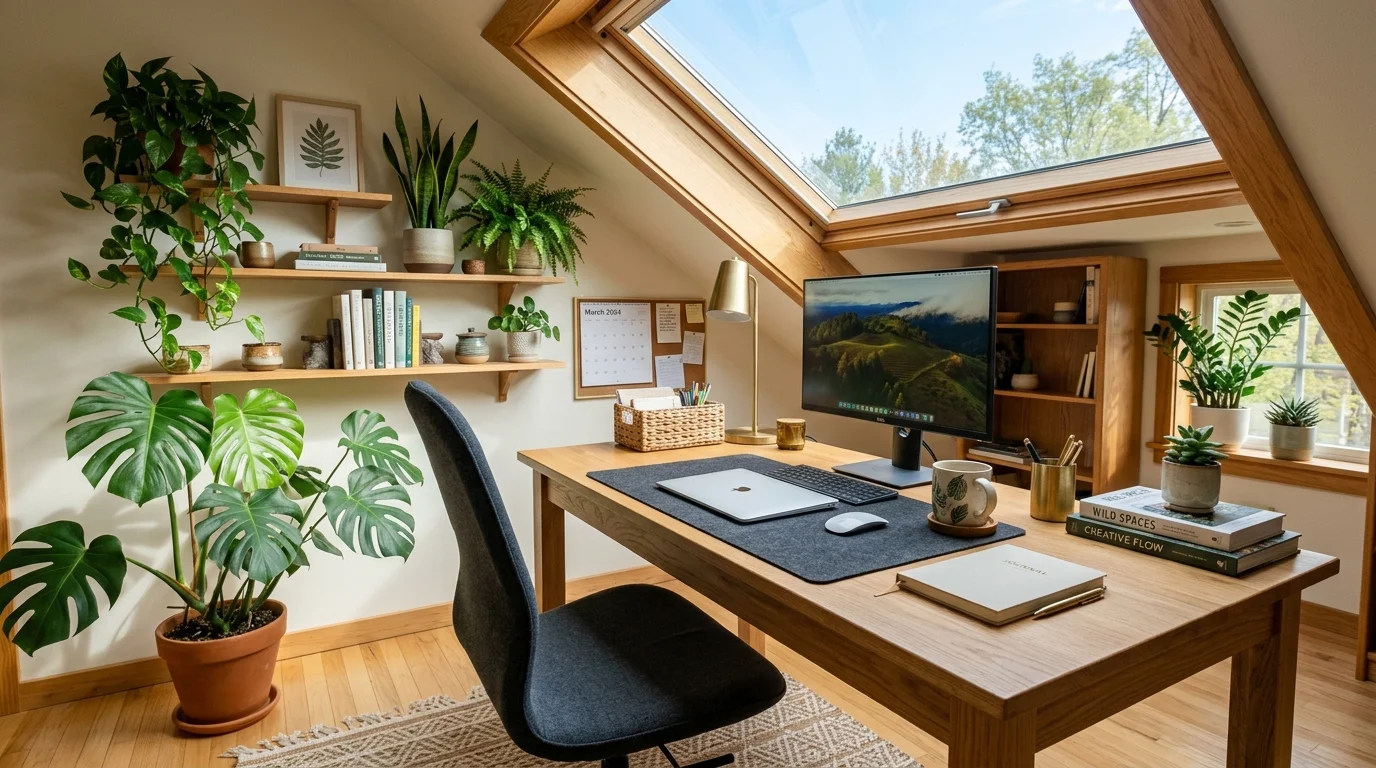 A home office under a skylight with a wooden desk, organized workspace, indoor plants, bright natural lighting reducing shadows, calm productive atmosphere, slightly angled shot, no people