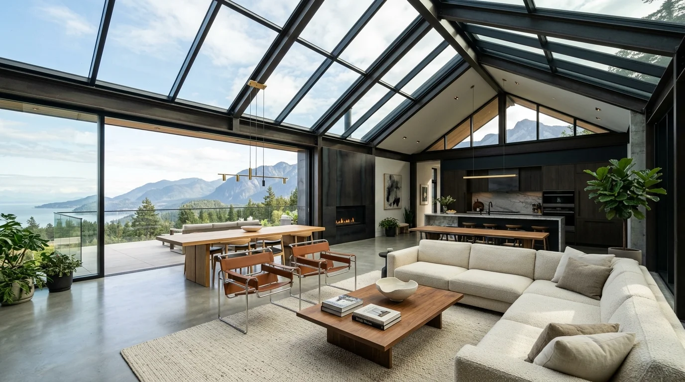 A luxury living space with floor-to-ceiling skylight panels, open-plan layout, designer furniture, polished concrete floor, cinematic natural lighting, expansive view, no people