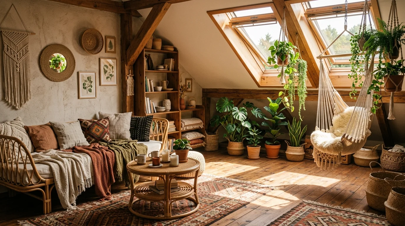 A boho-style room with skylight windows, rattan furniture, hanging plants, textured fabrics, warm sunlit patterns across the floor, relaxed cozy vibe, angled shot, no people