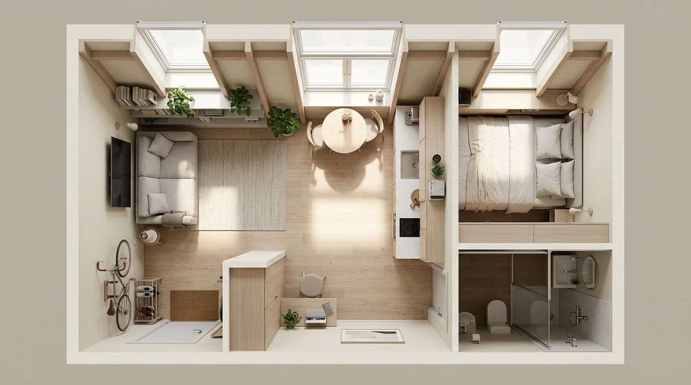 A compact apartment with strategically placed skylights creating bright zones in small spaces, light neutral palette, clever space-saving design, soft daylight, top-down perspective, no people