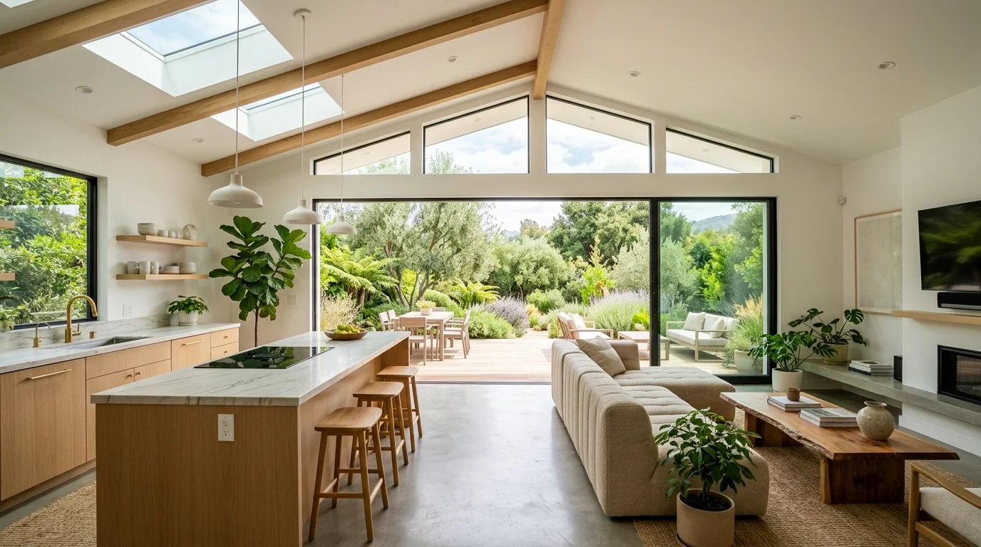 A modern kitchen-living open space with multiple skylights, seamless indoor-outdoor feel, greenery visible, airy minimalist aesthetic, glowing natural light throughout, wide cinematic composition, no people