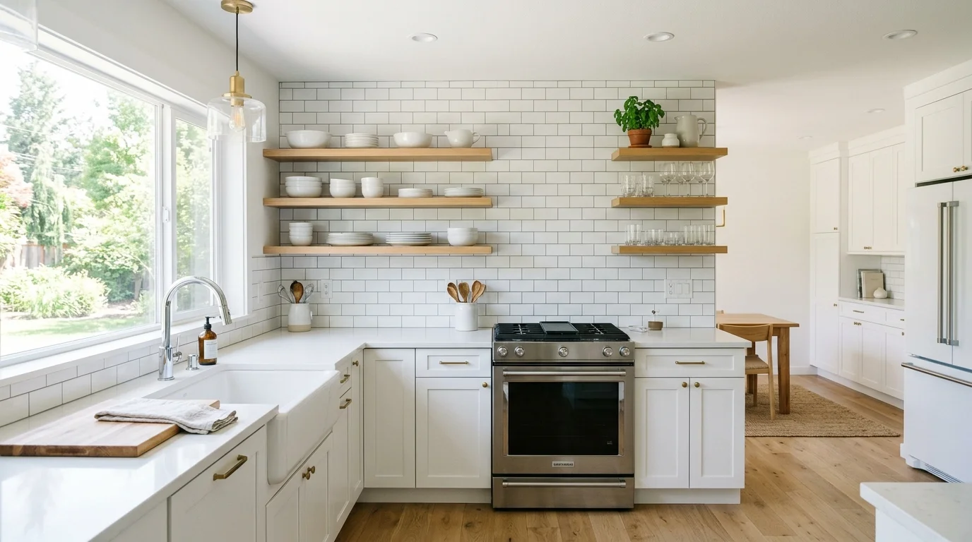 A white kitchen with subway tile backsplash open shelving and neatly arranged dishes bright natural lighting airy modern look no people