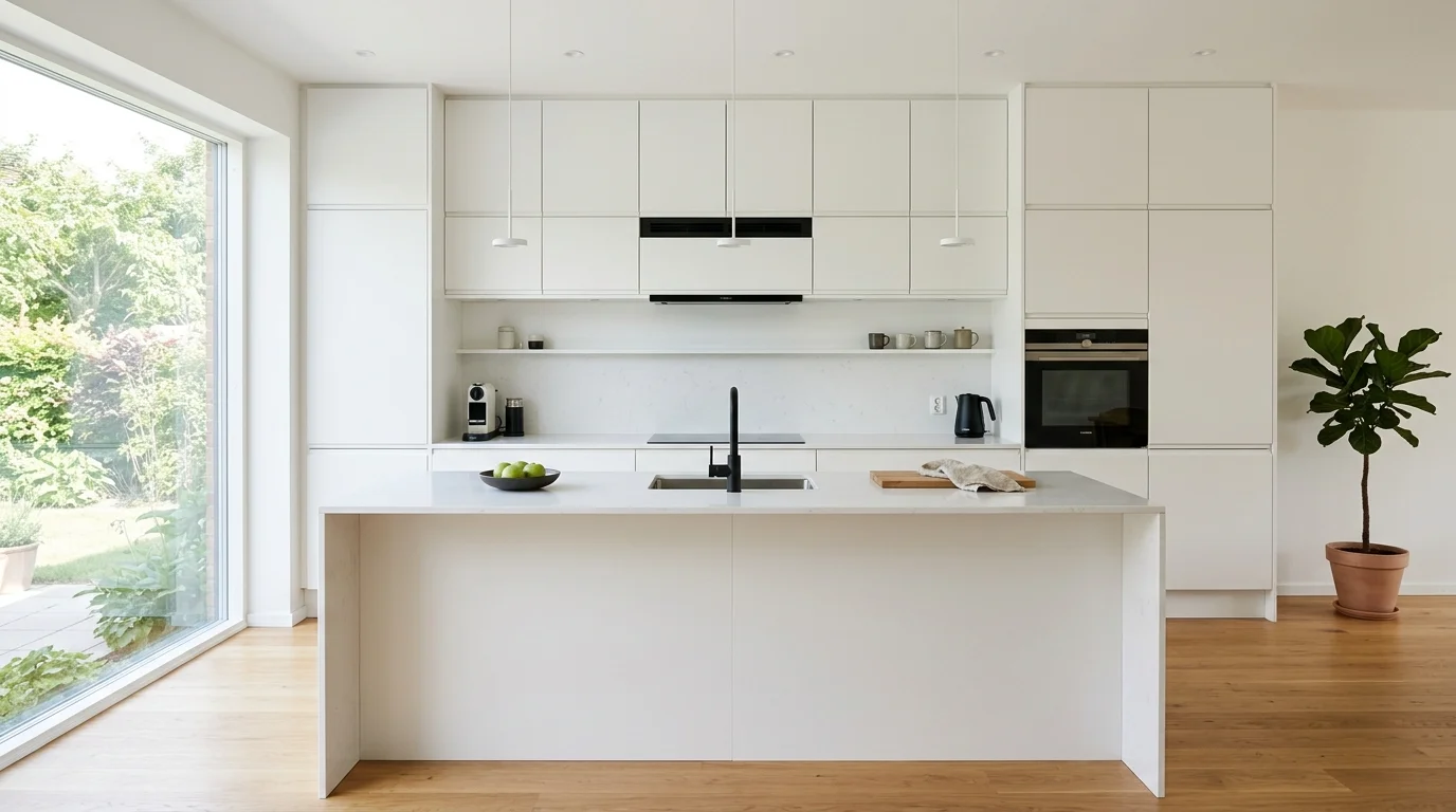 A minimalist kitchen with handleless white cabinets and a simple island bright lighting clean uncluttered aesthetic no people