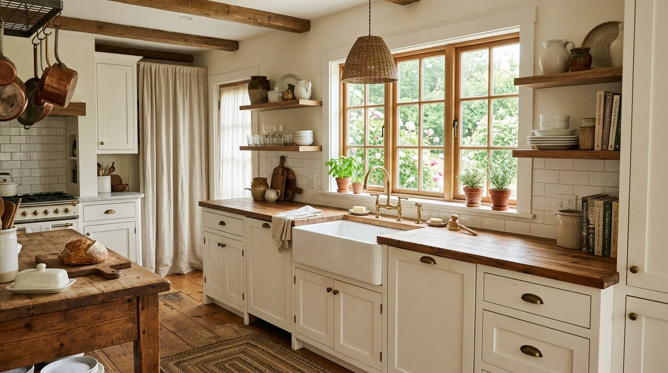A white farmhouse kitchen with a large sink wooden accents and soft decor bright natural daylight cozy timeless charm no people