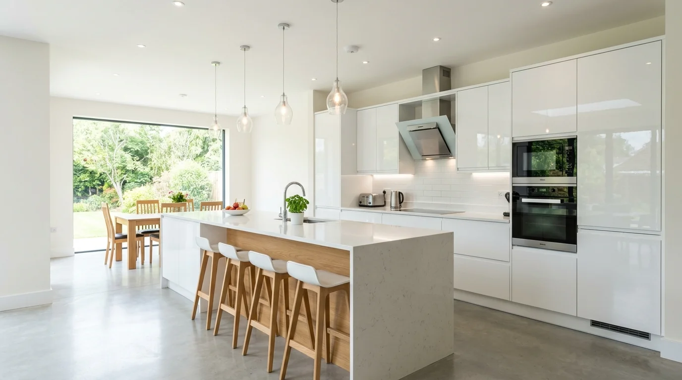 A modern kitchen with glossy white cabinets reflecting light and enhancing brightness bright lighting sleek contemporary style no people