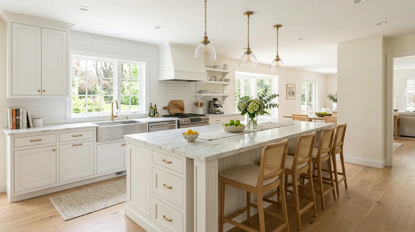A white kitchen with a large island featuring bar stools and a marble top bright natural light inviting functional layout no people