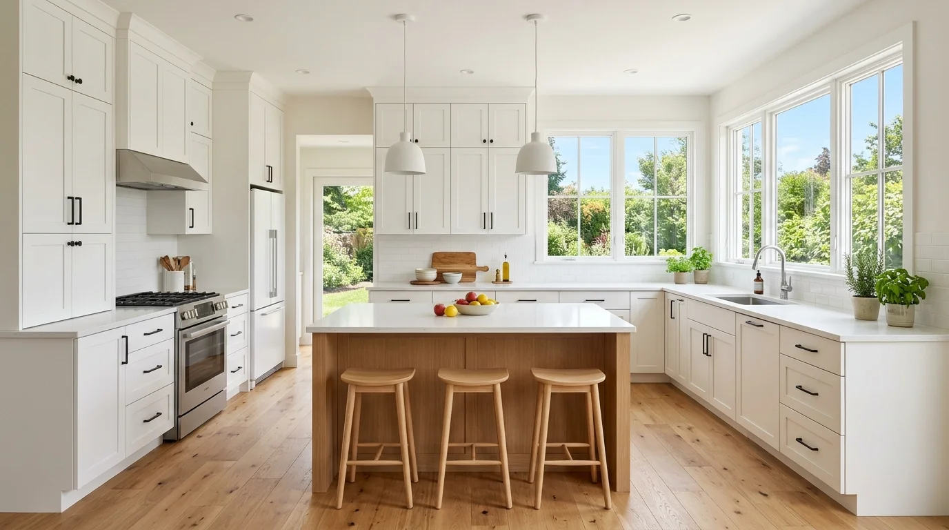 A kitchen with white cabinetry paired with light wood flooring creating contrast bright natural daylight warm clean design no people