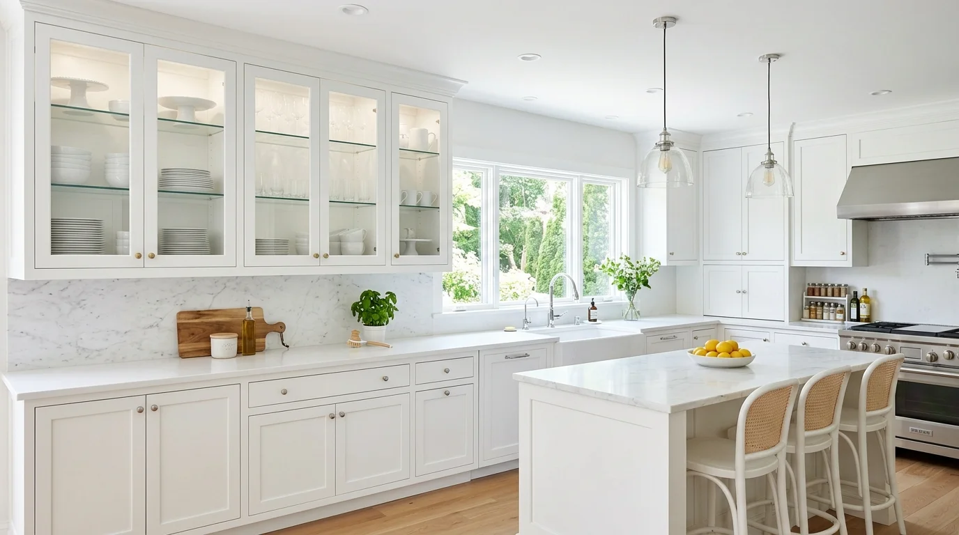 A white kitchen with glass front cabinets displaying neatly arranged dishware bright lighting elegant open feel no people