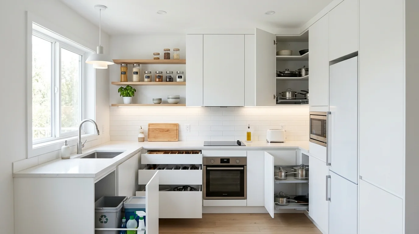 A compact white kitchen with smart storage solutions and minimal decor bright lighting efficient clean layout no people