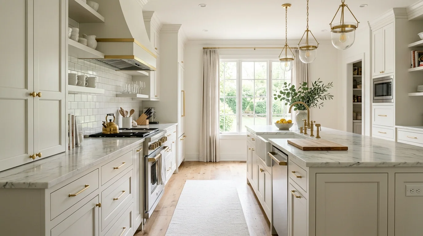 A kitchen with white cabinets and gold hardware accents soft lighting sophisticated timeless aesthetic no people