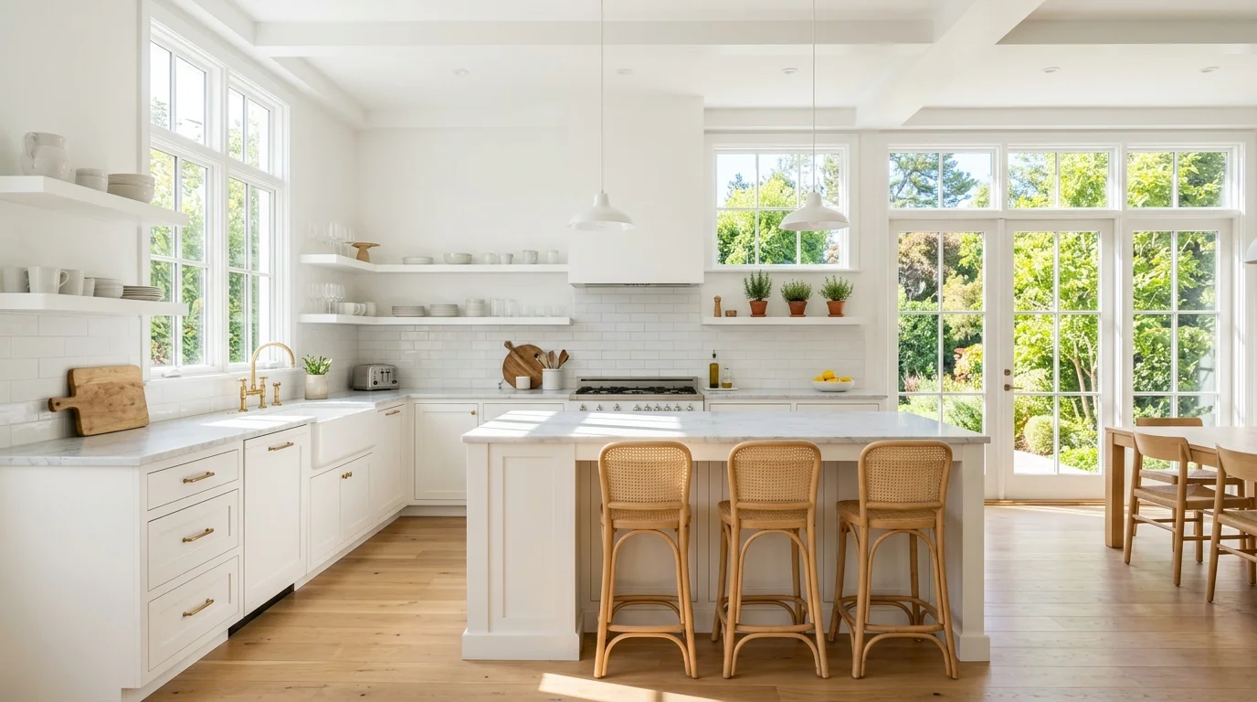 A bright kitchen with large windows allowing sunlight to fill the space paired with simple white decor airy open feel no people
