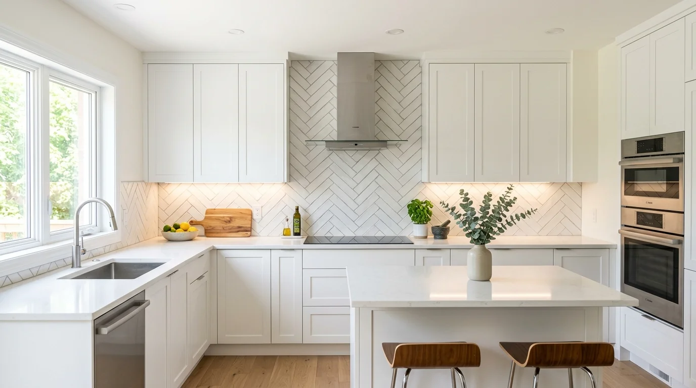 A white kitchen with a textured backsplash adding subtle depth bright lighting modern refined look no people