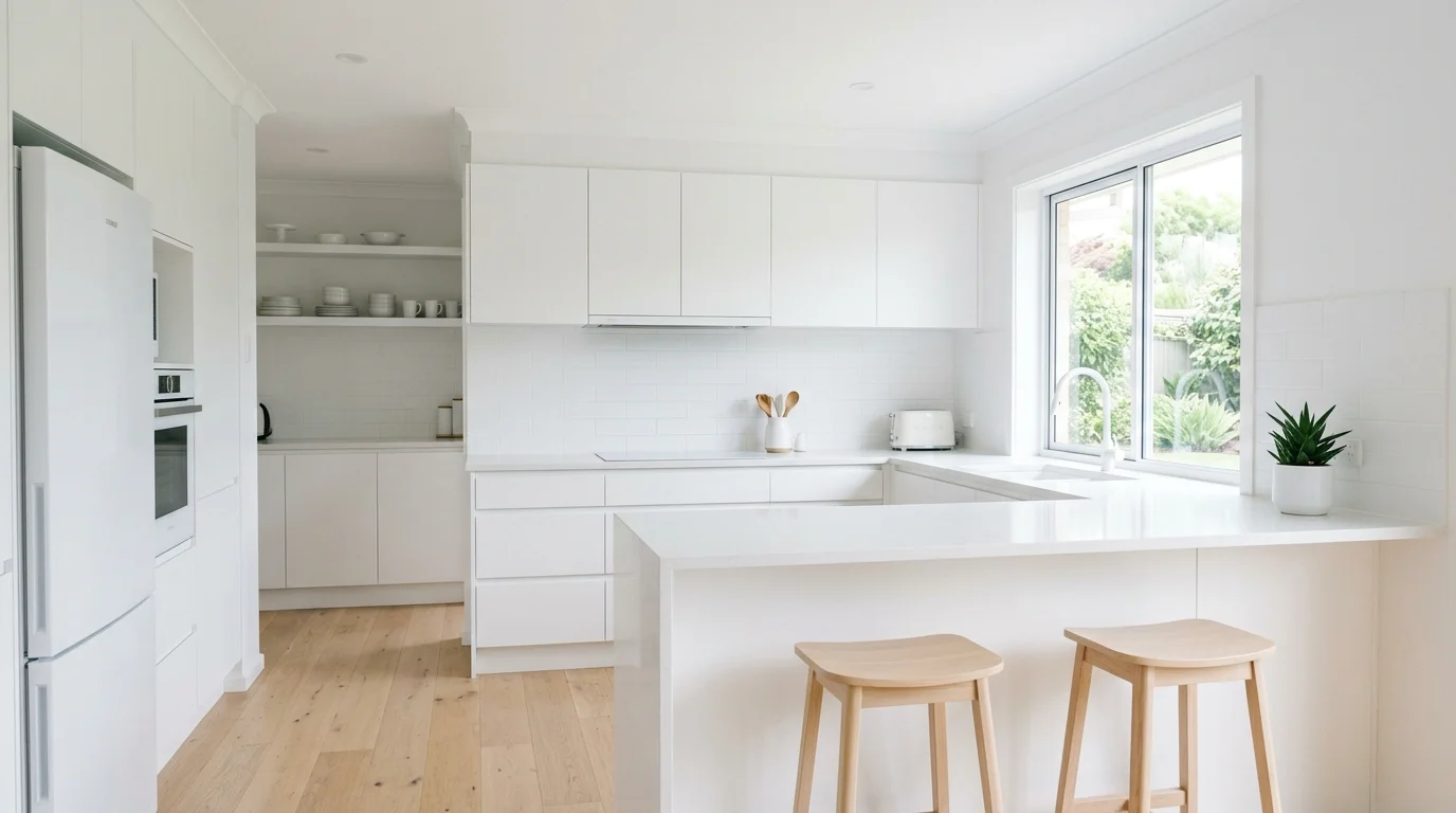 A clean kitchen with all white elements including cabinets walls and countertops bright natural daylight serene minimalist environment no people
