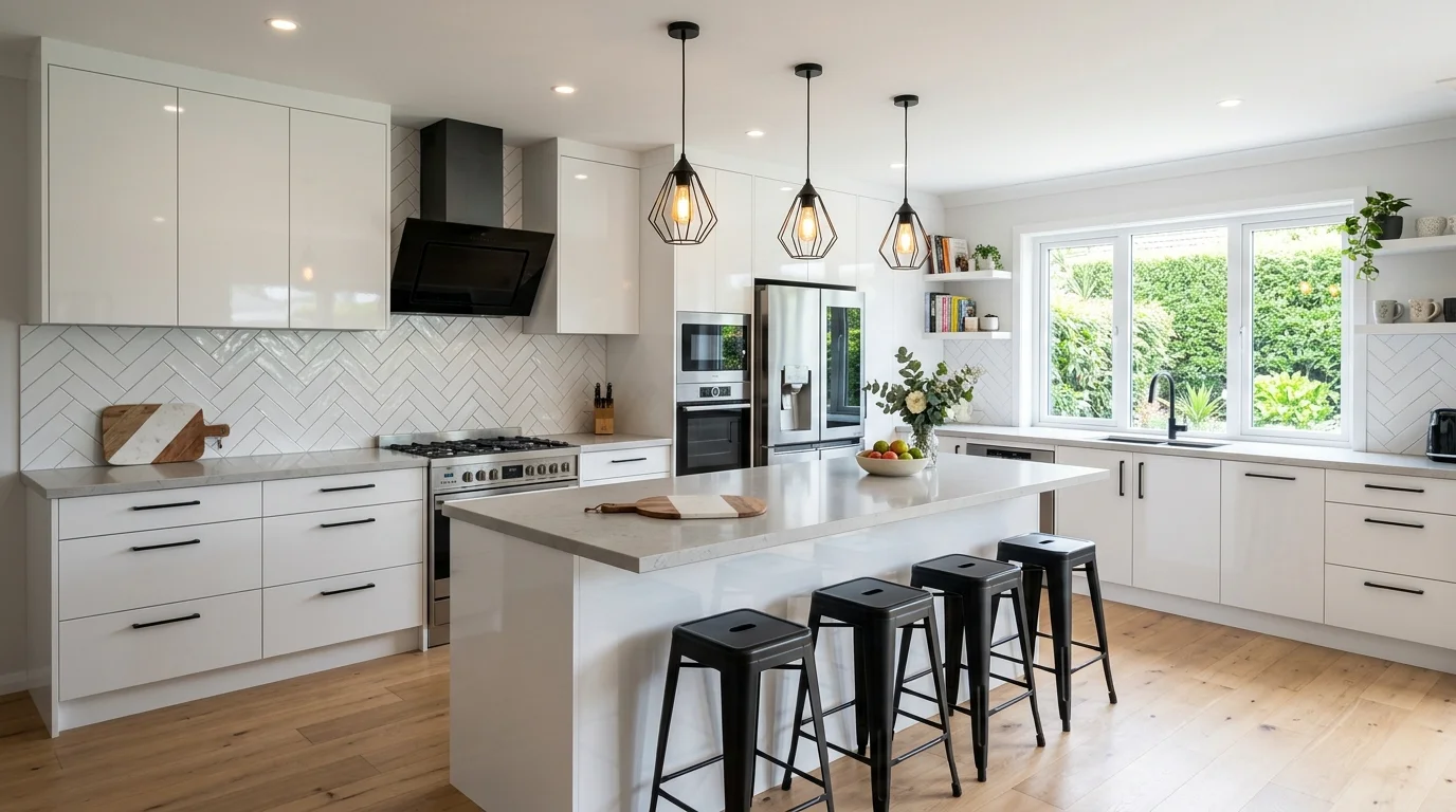 A white kitchen with a mix of matte and glossy finishes creating visual interest bright lighting stylish contemporary design no people