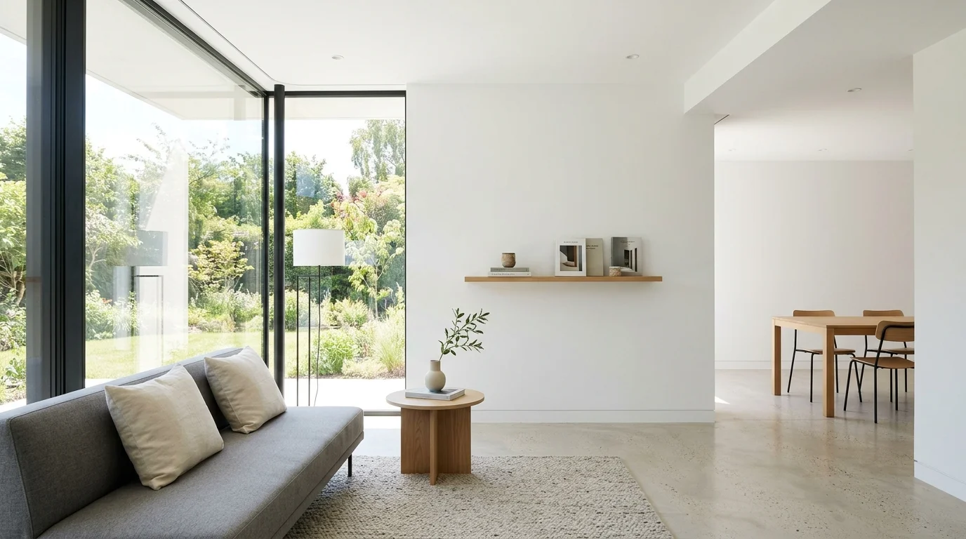A space with white walls minimal furniture and clean lines bright natural daylight simplified modern design no people