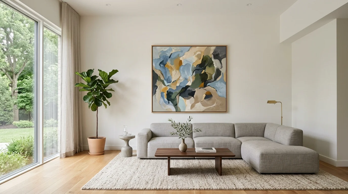 A living room with a single statement piece of art and minimal decor bright lighting quiet refined aesthetic no people