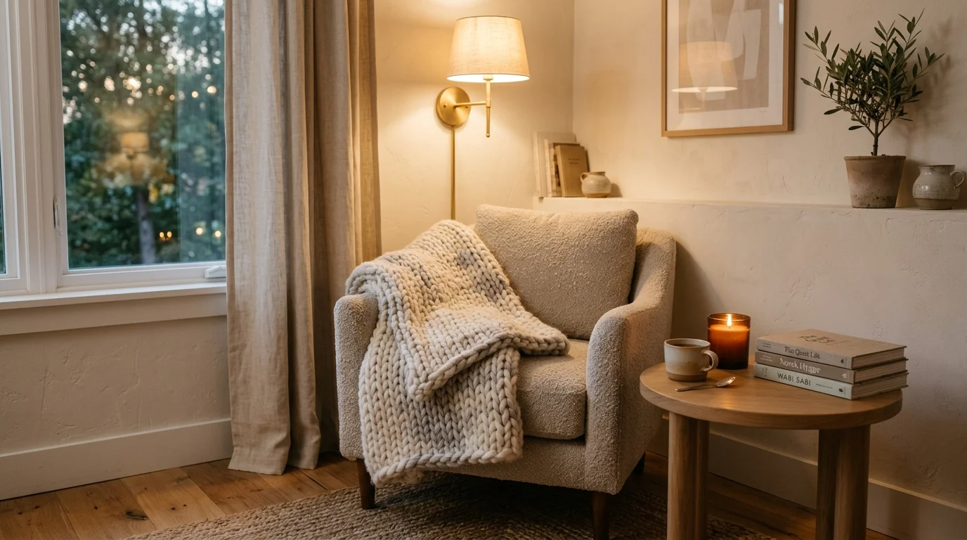 A cozy minimalist corner with a chair a small table and a soft throw warm lighting peaceful retreat no people