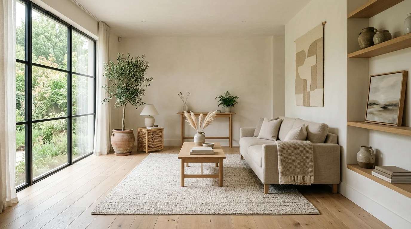 A room with a neutral palette and subtle textures bright natural daylight calming harmonious environment no people