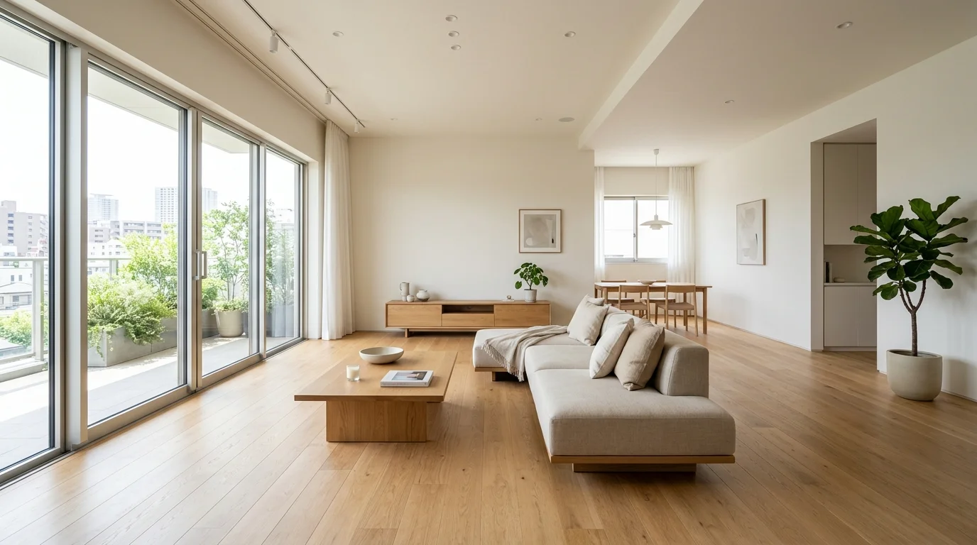 A living space with low profile furniture and open floor area bright lighting spacious uncluttered feel no people